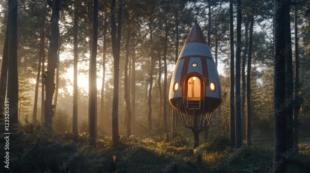 Poster rocket shaped treehouse nestled in a misty forest