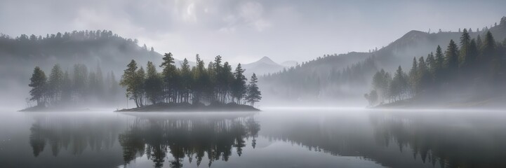 Fototapeta premium Gentle fog rolls in over a peaceful lake scene with trees and hills, natural, serene