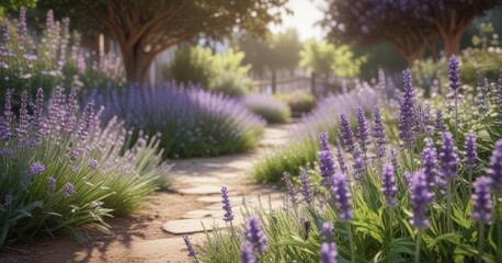 Gentle lavender blooms in a whimsical garden setting,  fantasy,  serenity