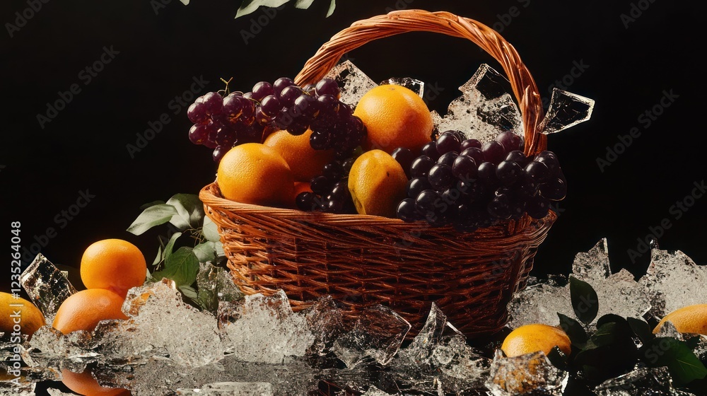 Poster wicker basket filled with oranges grapes and ice