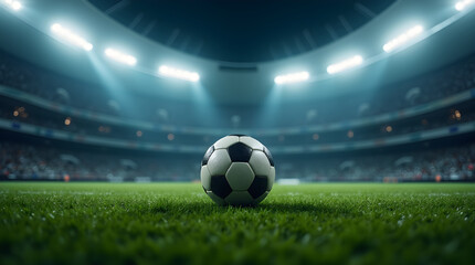 Fototapeta premium Dramatic Soccer Ball on Stadium Field Night Game Cinematic Lighting Professional Sports Photography