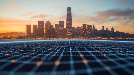 Cityscape sunrise, data grid, futuristic concept