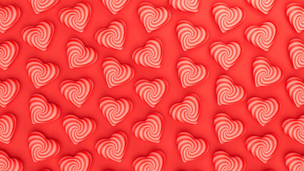 Red spiral hearts arranged on a red background. Valentine's day romantic backdrop. 3d render illustration.