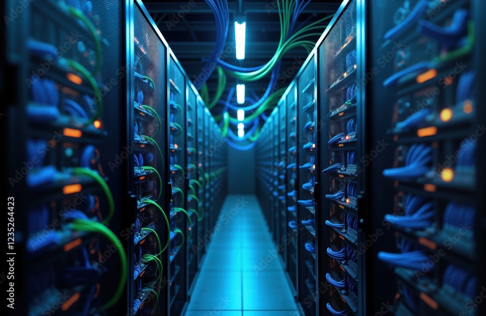 Poster Data center interior shows organized server racks with many cables. Efficient network management evident. Structured cabling system ensures fast data flow. Organized, structured network
