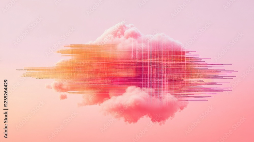 Poster minimalist graphic of a digital cloud with data streams, symbolizing cloud computing, remote storage