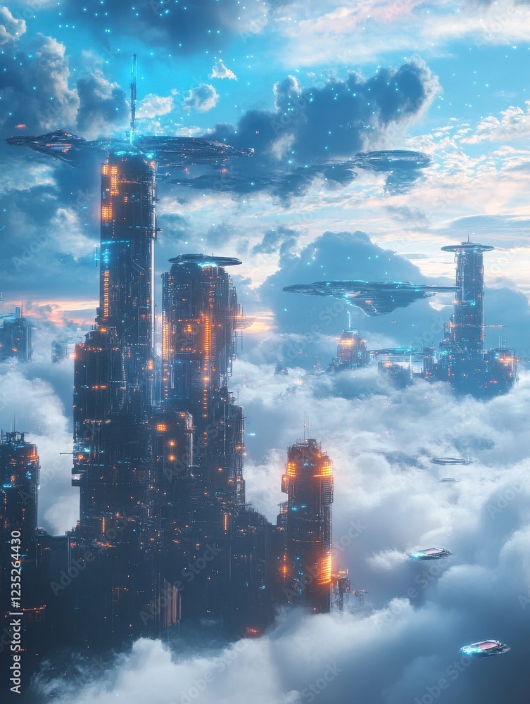 Poster digital clouds representing cloud infrastructure and data storage in a futuristic landscape.