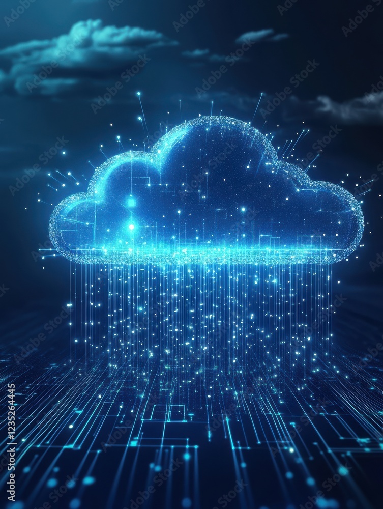 Poster digital cloud technology concept with data storage. blue background symbolizes innovation and connec