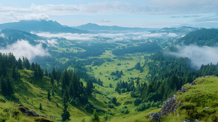 Fototapeta premium Mountain valley sunrise, mist, green hills
