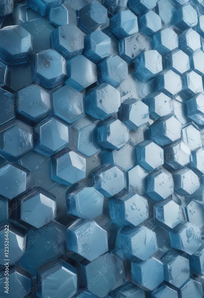 Poster geometric blue ice texture background with repeating hexagonal patterns , design, cold