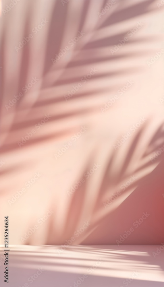 Poster abstract minimal interior scene with soft light pink wall and floor. palm leaf shadows create elegan