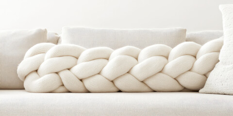 Voluminous puffy knitted plaid made of airy merino wool on the sofa in interior. Decorative plaid with volume weaving texture