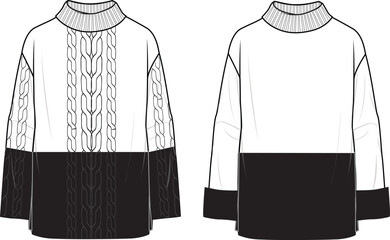 Women's Color Block High Neck Jumper. Technical fashion illustration. Front, white and black color. Women's CAD mock-up.
