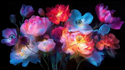 Vibrant Floral Bouquet Neon Hues Dark Background