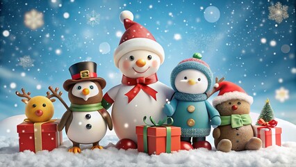 Fototapeta premium Christmas Cartoon Characters on Snowflake with Gifts and Decorations Against Snowy Background