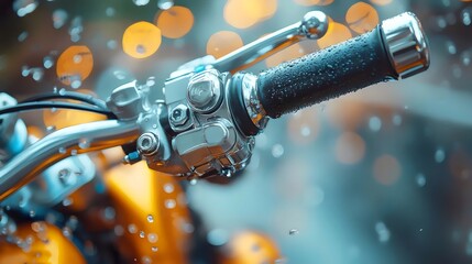 A motorcycle handlebar with raindrops on it
