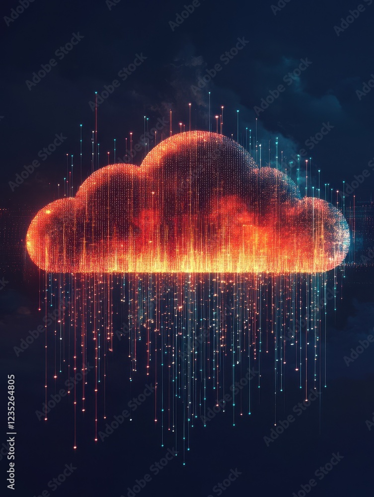 Poster minimalist graphic of a digital cloud with data streams, symbolizing cloud computing, remote storage
