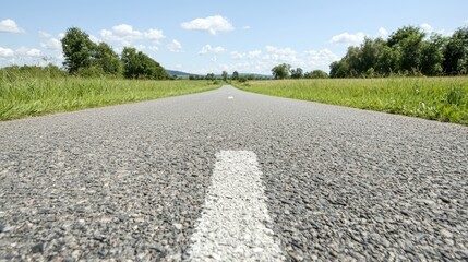 Fototapeta premium Summer country road, cycling path, green fields, blue sky, travel