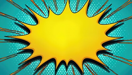 Colorful comic book style splash banner template. Vibrant yellow speech bubble with teal background. Abstract graphic design with retro style. Modern illustration for fun designs, various uses.
