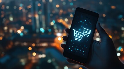 Obraz premium Person holding a smartphone with shopping cart icons against a city background at night.