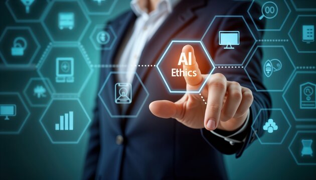 Businessman interacts with virtual AI ethics interface. Hand touches AI ethics concept on digital screen. Modern tech development. Focus on artificial intelligence ethics. Businessperson studies