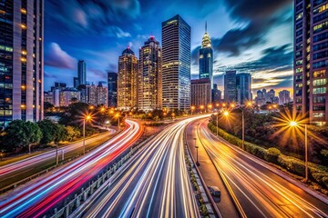 Fototapeta premium City Skyline Night Vista with Long Exposure and Light Trails