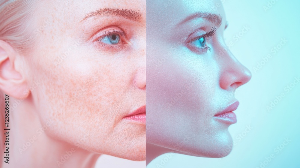 Fototapete comparison of aging signs and youthfulness captured in a striking side by side display of two faces.