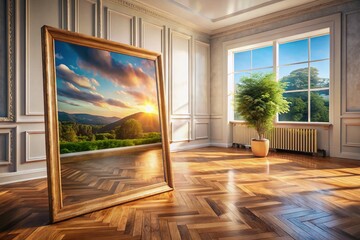 Classic Room Wooden Frame Mockup: White Boiserie & Parquet Floor Double Exposure