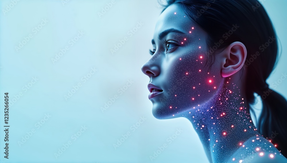Leinwandbilder AI face detection tech in action. Female profile shows face with glowing points visualizing data analysis. Advanced biometric tech for real time facial recognition. Modern security system