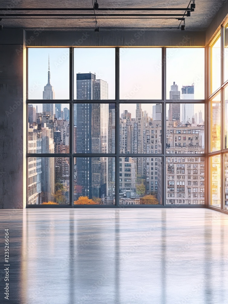 Poster new empty interior with blank mock up place on wall, windows, city view and daylight. design and gal