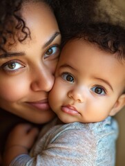 Adorable african american small infant daughter looking at camera in moms arms. Happy young caucasian mother hugging kissing cute mixed race ethnic little 4 months baby girl, close up face portrait.