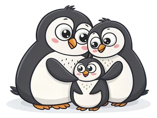 Obraz premium Adorable Penguin Family Cartoon Illustration of Parents and Baby Penguin