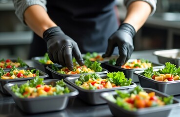 Chef in black gloves prepares healthy salads in disposable bowls. Fresh vegetables, diced cheese arranged neatly in individual containers. Food delivery concept. Healthy meal prep in kitchen.