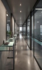 Naklejka premium Glass-walled corridor with sleek desk and copyspace, corporate space, indoor office
