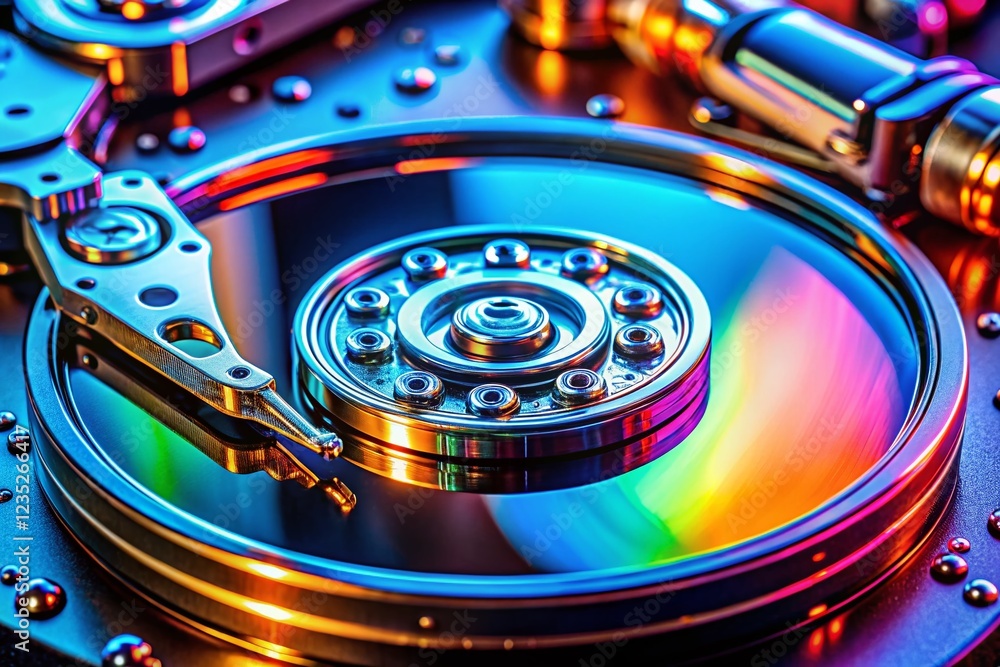 Poster close-up macro shot of a hard disk drive platter in low light
