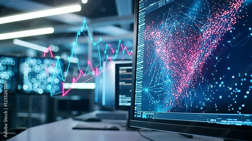 Poster cutting-edge ai interface showcasing algorithmic updates in a contemporary office environment.