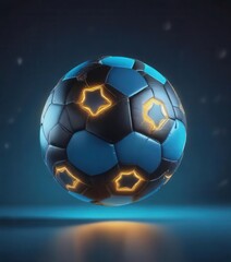 Naklejka premium Glowing neon soccer ball suspended in mid-air over blue background with subtle gradient effects, abstract, glow