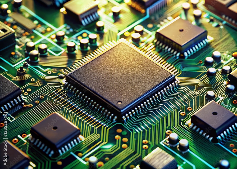 Poster circuit board close-up: a macro shot of a circuit board reveals the intricate details of a powerful 