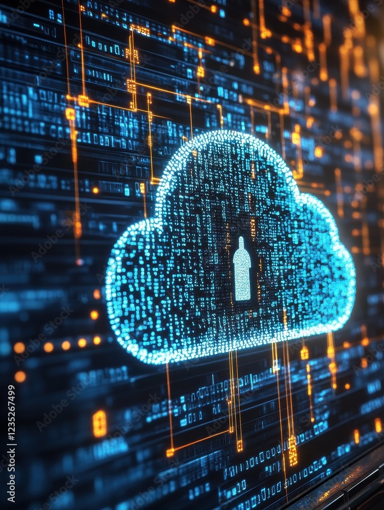 Poster closeup of a cloud data encryption key generation process, displayed on a laptop screen with secure 