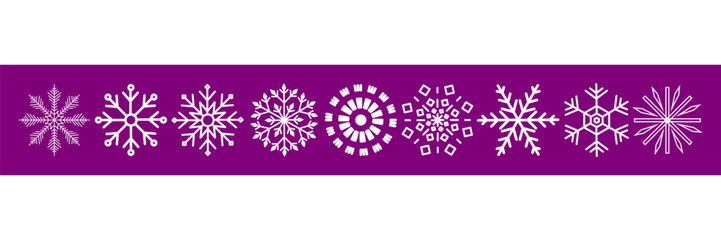 Collection of geometric snowflakes. Flat elements of different snowflake shapes. Set of snowflakes for holiday banner, postcard or decoration. New Year vector ornament.