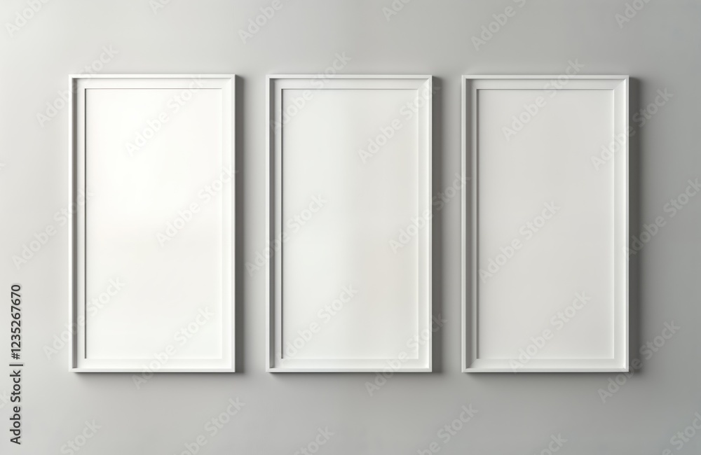 Poster Three empty white picture frames hang on grey wall. Blank frames create simple design. Ideal for displaying posters. Clean lines, neutral colors create modern aesthetic. Minimalist design elements.
