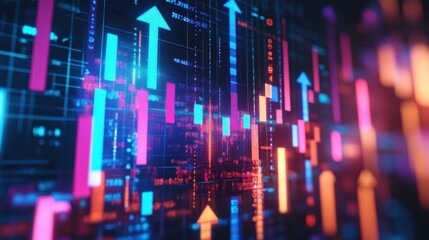 Obraz premium Increasing arrows over financial data, stock market growth and trends, 3D illustration