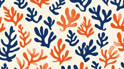Dive into vibrant underwater scenes with this seamless coral pattern, featuring handdrawn designs in stunning blue and orange hues.