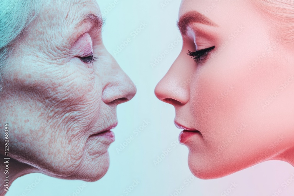 Aufkleber contrasting beauty of aging and youth displayed through two faces with distinct skin textures and fe
