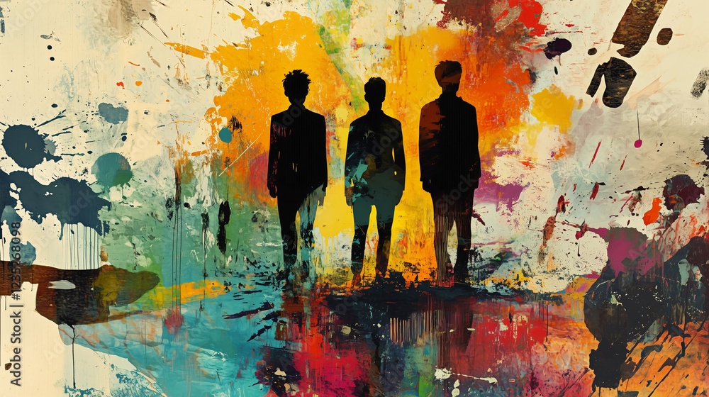 Aufkleber three figures standing against a vibrant abstract background of colors and shapes. generative ai