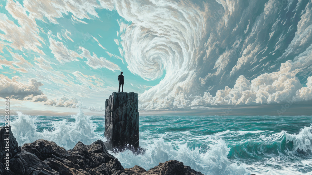 Poster ocean view from a cliff with crashing waves beneath a swirling sky in a tranquil coastal setting. ge