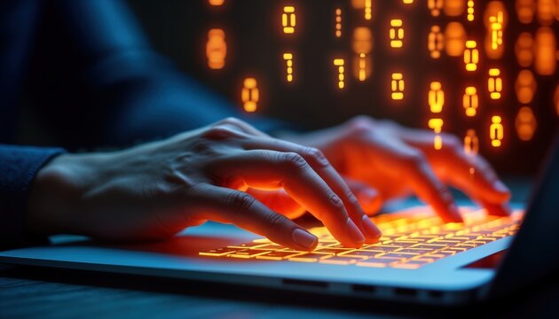 Close-up hands typing on laptop keyboard. Person working on digital marketing strategy. Hands actively handling content optimization. Focus on website visibility. Laptop with glowing keyboard.