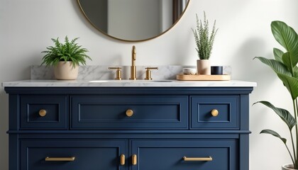 Luxurious navy blue bathroom vanity with gold hardware set against white wall. Stylish plants, round mirror complete elegant aesthetic. Modern interior design. Refined piece evokes sense of