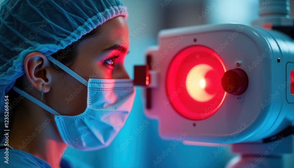 Poster medical professional focused on advanced laser system. healthcare worker examines innovative surgica