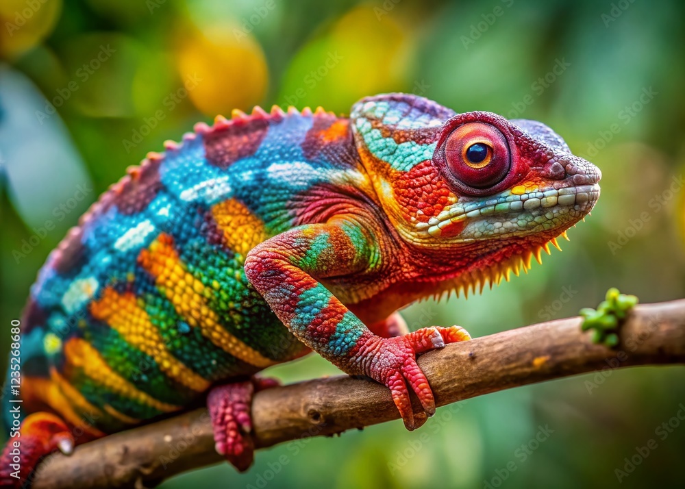 Poster rainbow chameleon on branch: a vibrant chameleon perched on a slender branch, its scales shimmering 