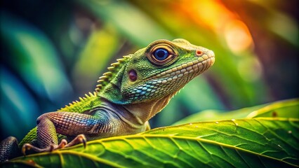 Fototapeta premium Emerald Jewel: A vibrant green lizard with iridescent scales perches on a lush green leaf, its captivating gaze directed towards the viewer. The background features a bokeh effect.